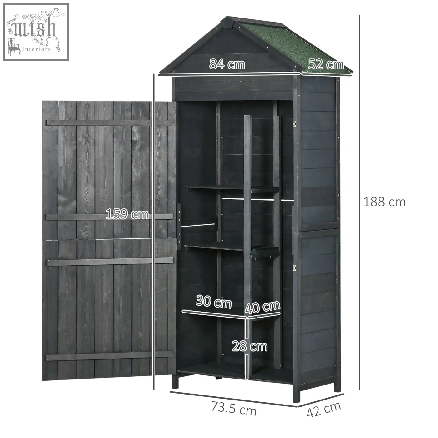 Black fir wood garden shed with green sloped roof and adjustable shelves for outdoor spaces storage