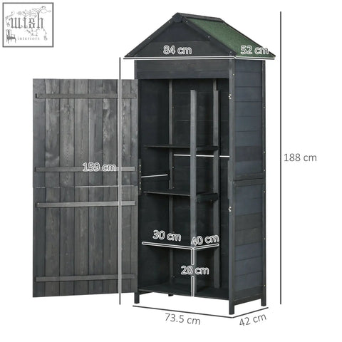 Black fir wood garden shed with green sloped roof and adjustable shelves for outdoor spaces storage
