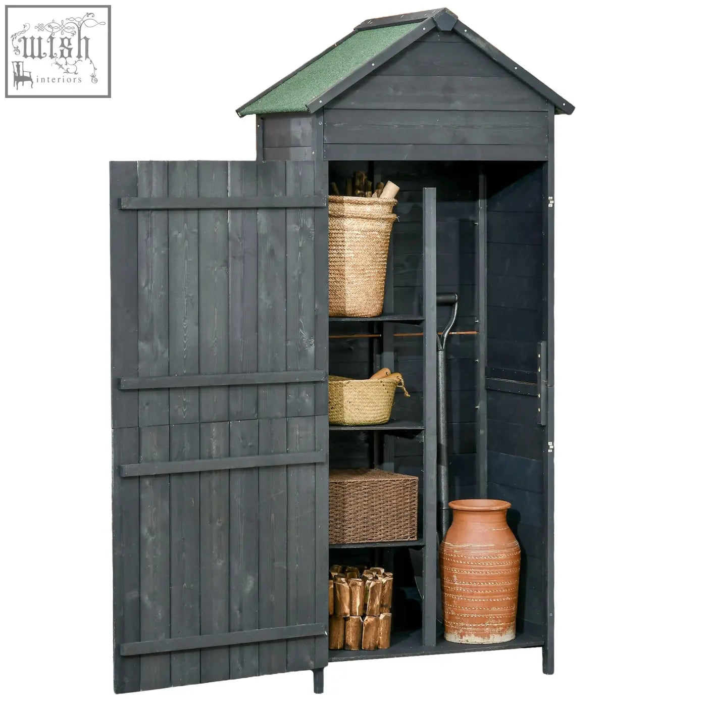 Dark gray fir wood outsunny garden shed with green sloped roof and open door showing shelves with baskets and pots
