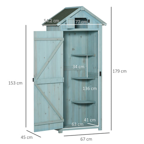 Light blue wooden storage shed with gabled roof and three shelves for garden tools and small items outdoor use