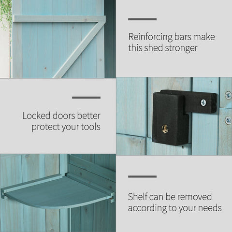 Light blue wooden outsunny garden storage shed with reinforced bars and gray metal shelves for garden tools and small items