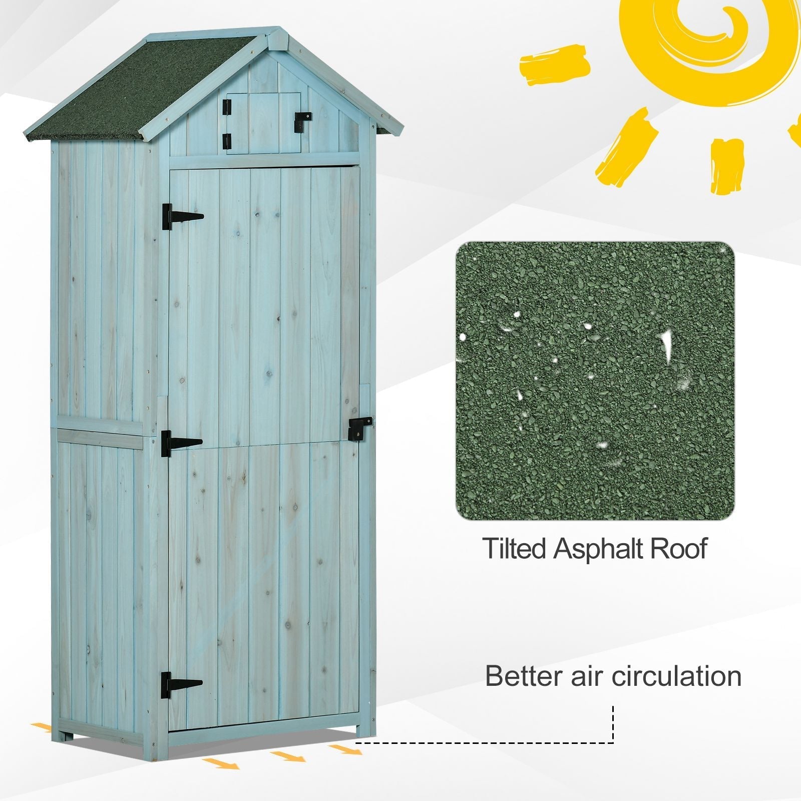 Light blue wooden outsunny garden storage shed with green roof black hinges for garden tools small items storage
