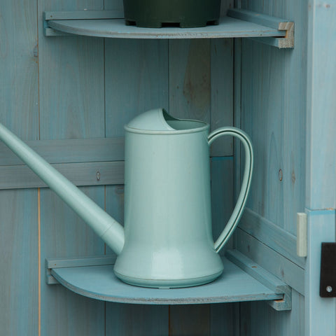 A matte light blue metal watering can on a matching wooden shelf in a blue outsunny garden shed for small items storage