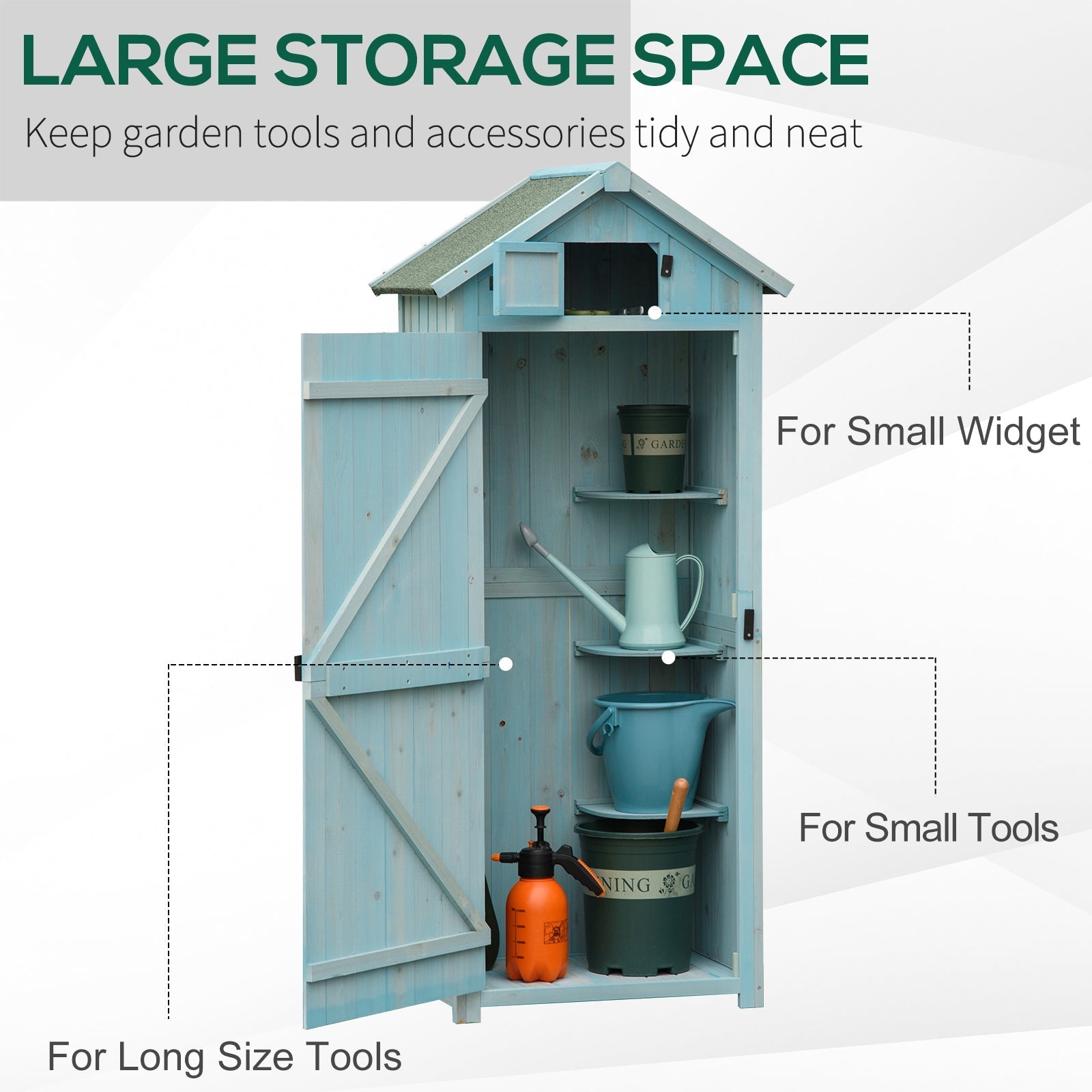 Light blue wooden outsunny storage shed with slanted roof and 3 shelves holding garden tools and small items