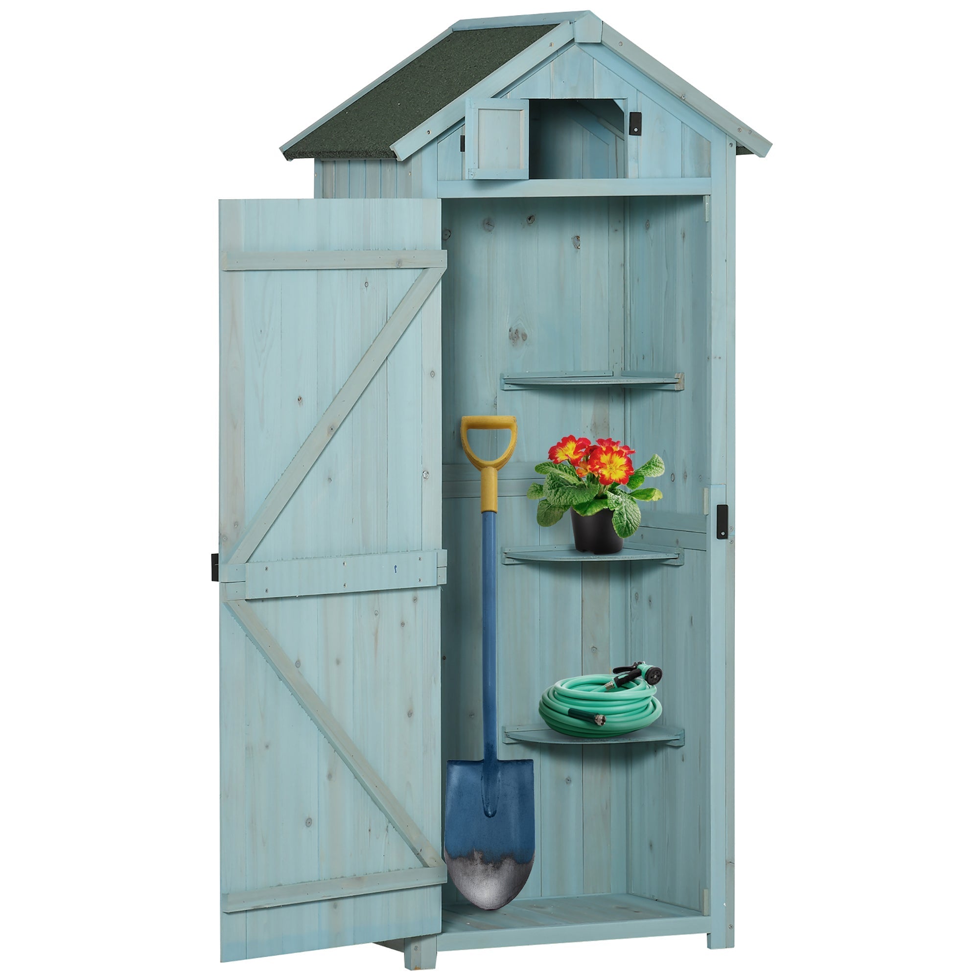 Light blue wooden outsunny garden storage shed with dark green roof and diagonal door beams for garden tools and small items