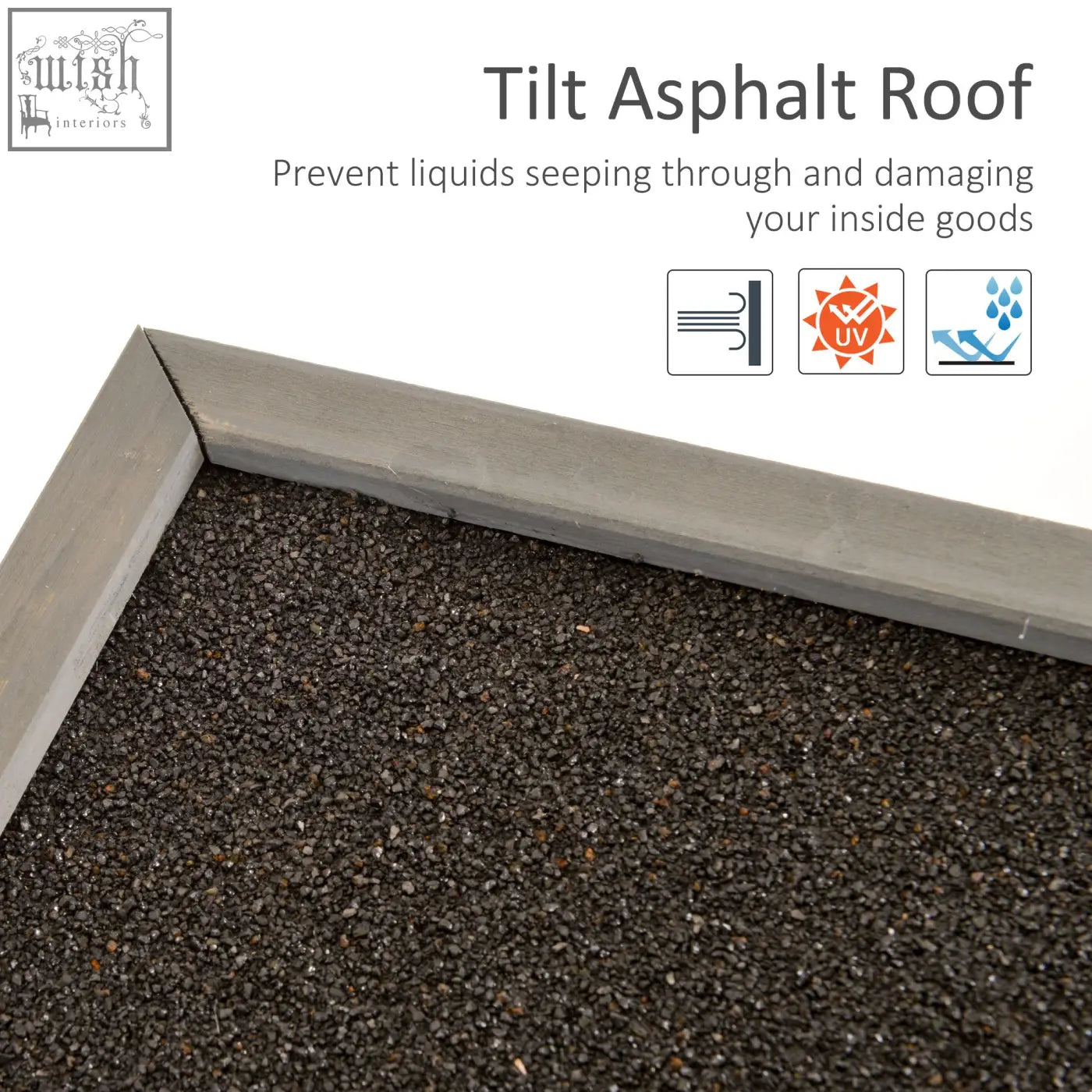 Gray metal-framed tilt asphalt roof on a solid fir wood outsunny garden storage shed with 2 doors in grey