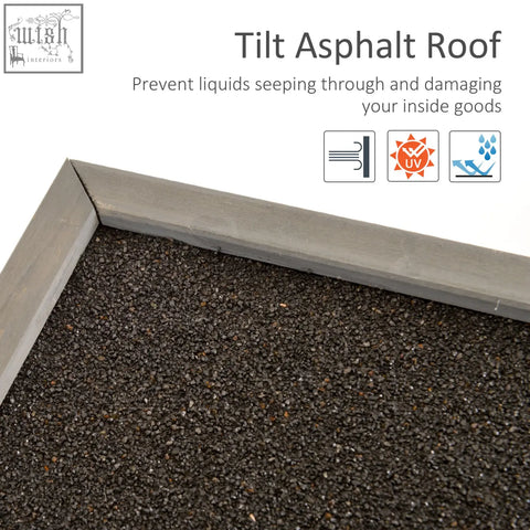 Gray metal-framed tilt asphalt roof on a solid fir wood outsunny garden storage shed with 2 doors in grey