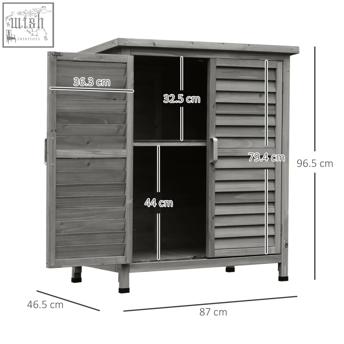 Gray wooden garden storage shed with louvered doors slanted roof made of solid fir wood for outdoor organization
