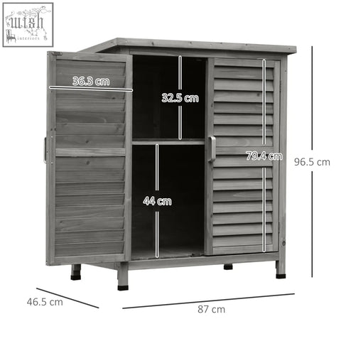 Gray wooden garden storage shed with louvered doors slanted roof made of solid fir wood for outdoor organization
