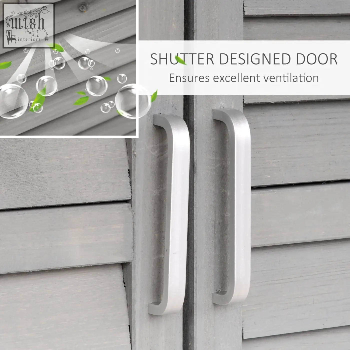 Silver-finished modern door handles on grey wooden siding of solid fir wood outsunny garden storage shed