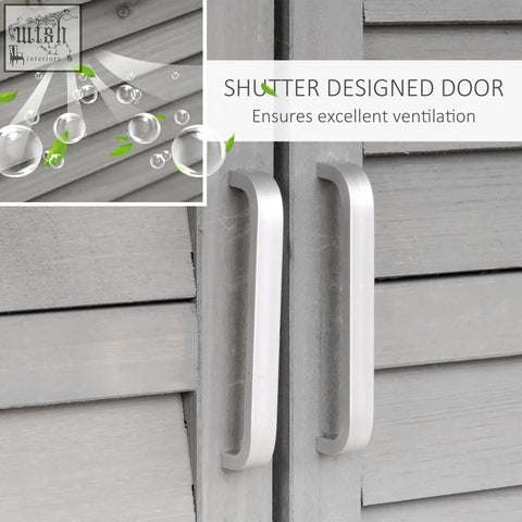 Silver-finished modern door handles on grey wooden siding of solid fir wood outsunny garden storage shed
