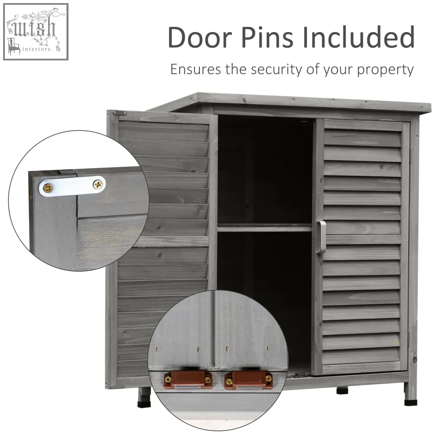 Gray garden storage shed with slatted doors and single shelf made of solid fir wood for tool organization