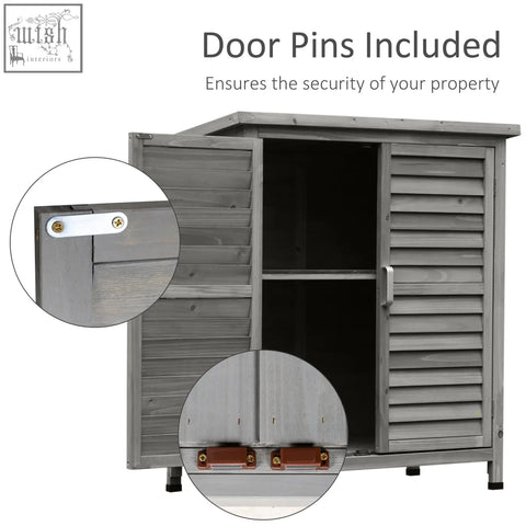 Gray garden storage shed with slatted doors and single shelf made of solid fir wood for tool organization