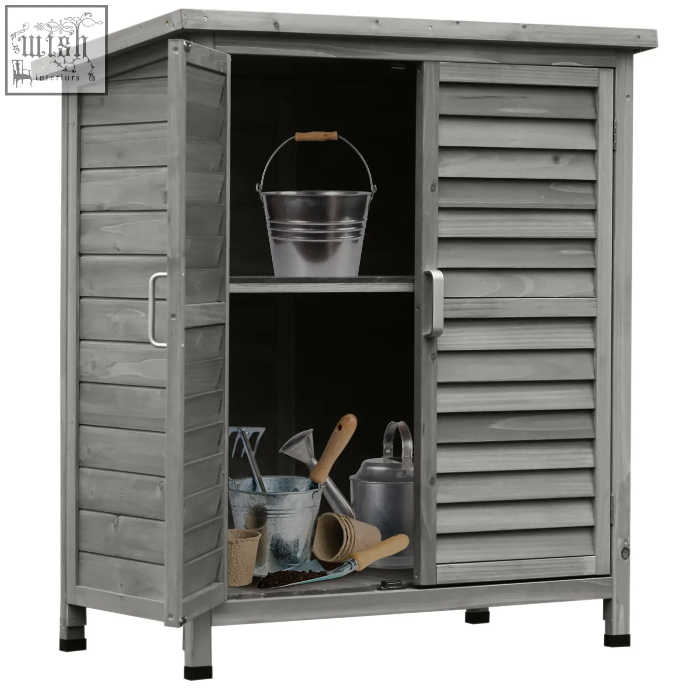 Grey Outsunny garden shed with slatted doors metal handles made of solid fir wood for garden storage and tool organization