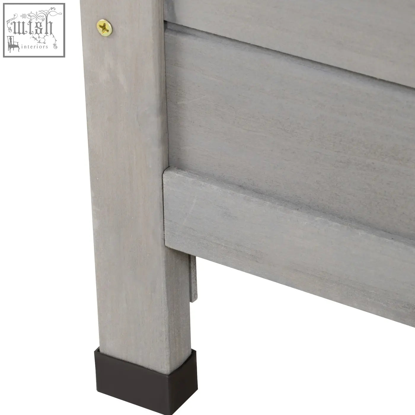 Gray painted solid fir wood garden storage shed with black foot cap and gold screw for outdoor organization