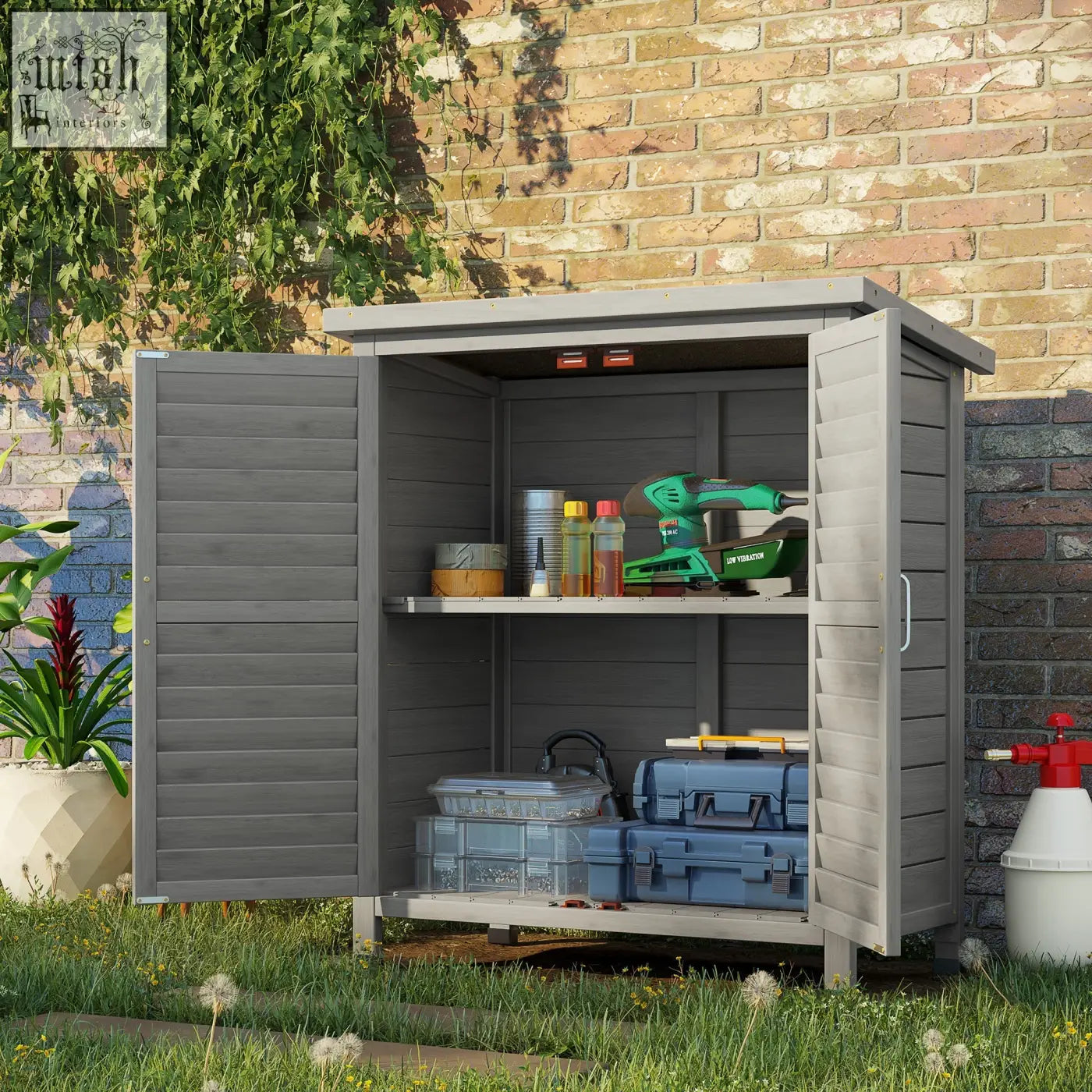 Gray outsunny garden shed with slatted doors and shelves for tools made of solid fir wood for garden storage