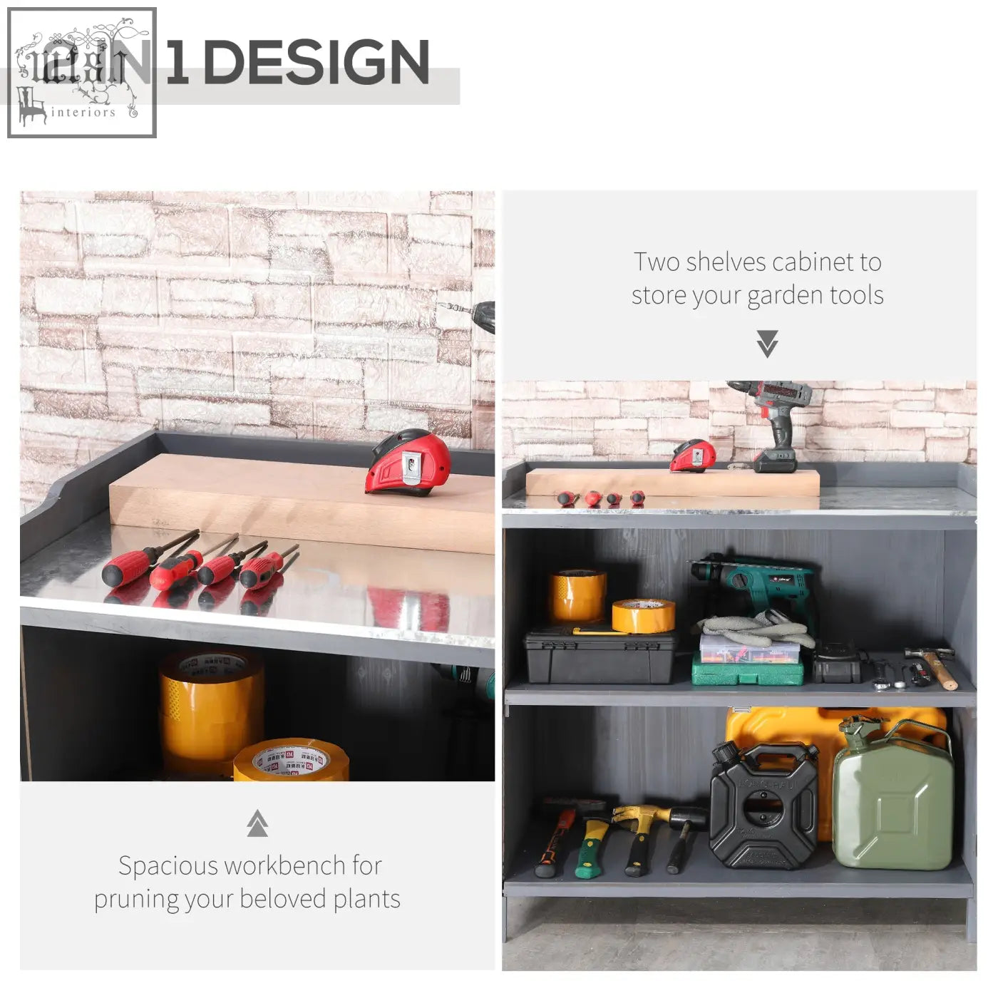 Outsunny gray metal garden storage cabinet with galvanized top, two shelves, and built-in tool storage compartments