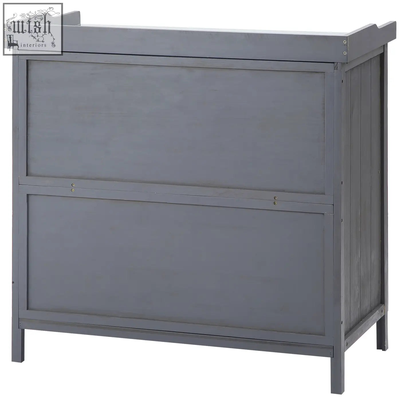 Gray wooden garden storage cabinet with flat top, two drawers, and two shelves for outdoor tools or pool accessories