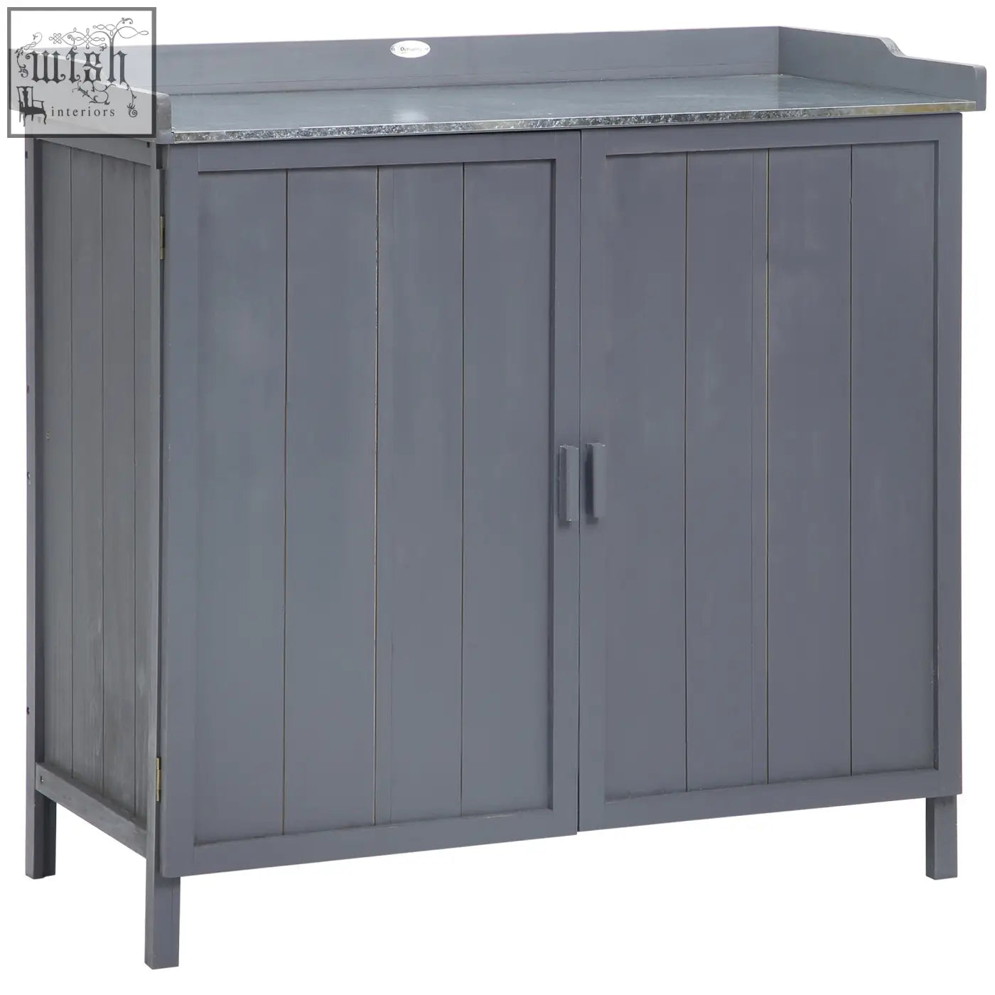Gray wooden garden storage cabinet with speckled countertop, two shelves, and vertical panel doors for outdoor use