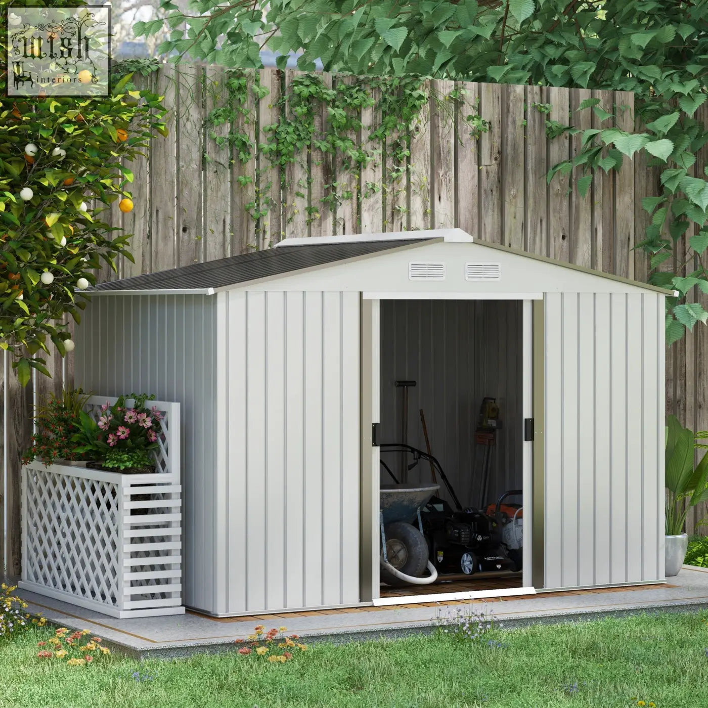 Beige vinyl-sided garden storage shed with dark gray roof and white lattice planter featuring galvanised steel foundation kit