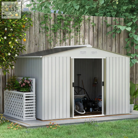 Beige vinyl-sided garden storage shed with dark gray roof and white lattice planter featuring galvanised steel foundation kit
