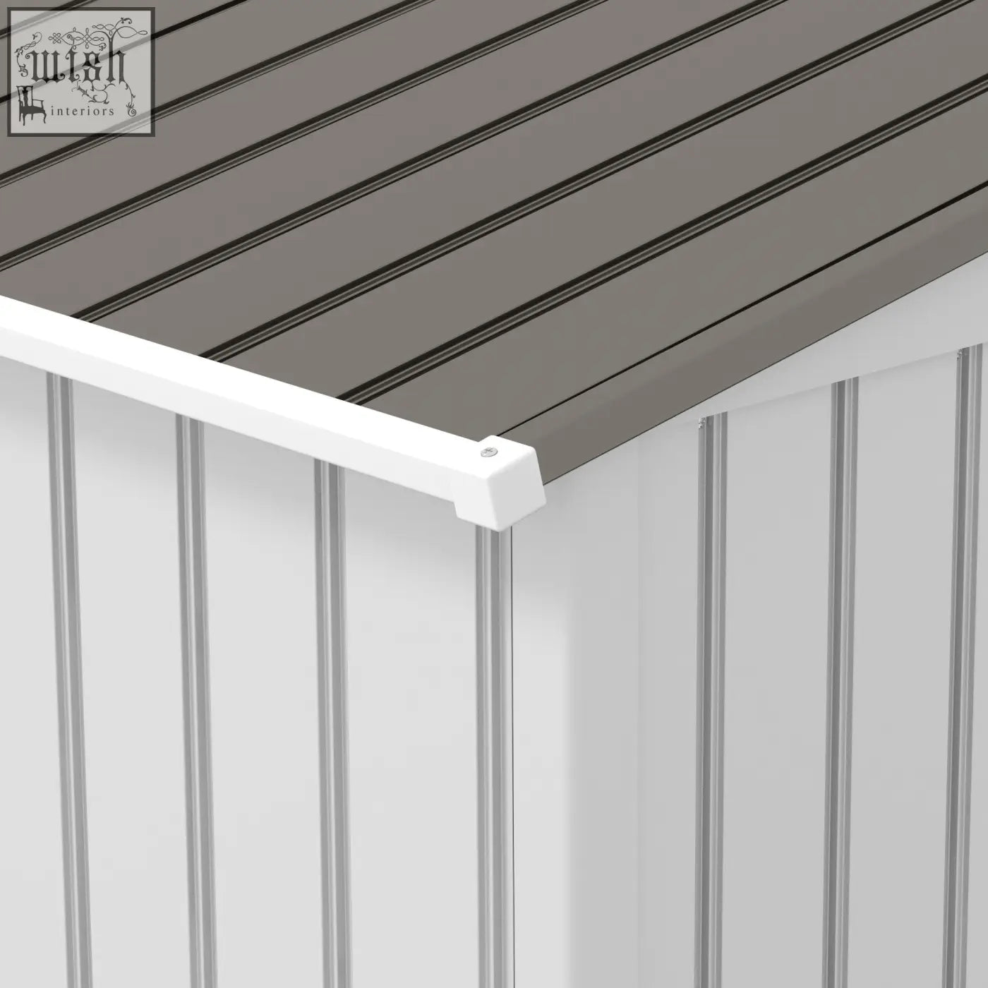 White plastic corner trim connecting gray roof to white siding on outsunny galvanised steel storage shed with foundation kit