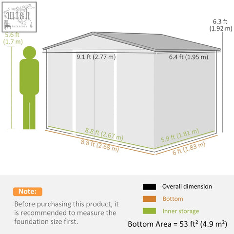 Gray galvanised steel outsunny garden storage shed with foundation kit and ventilation labeled 9 x 6 ft dimensions