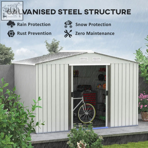 Outsunny light gray galvanized steel garden storage shed with foundation kit open door shows bike inside