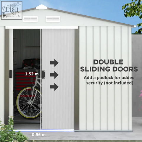 White galvanised steel outsunny garden storage shed with double sliding doors and foundation kit in silver