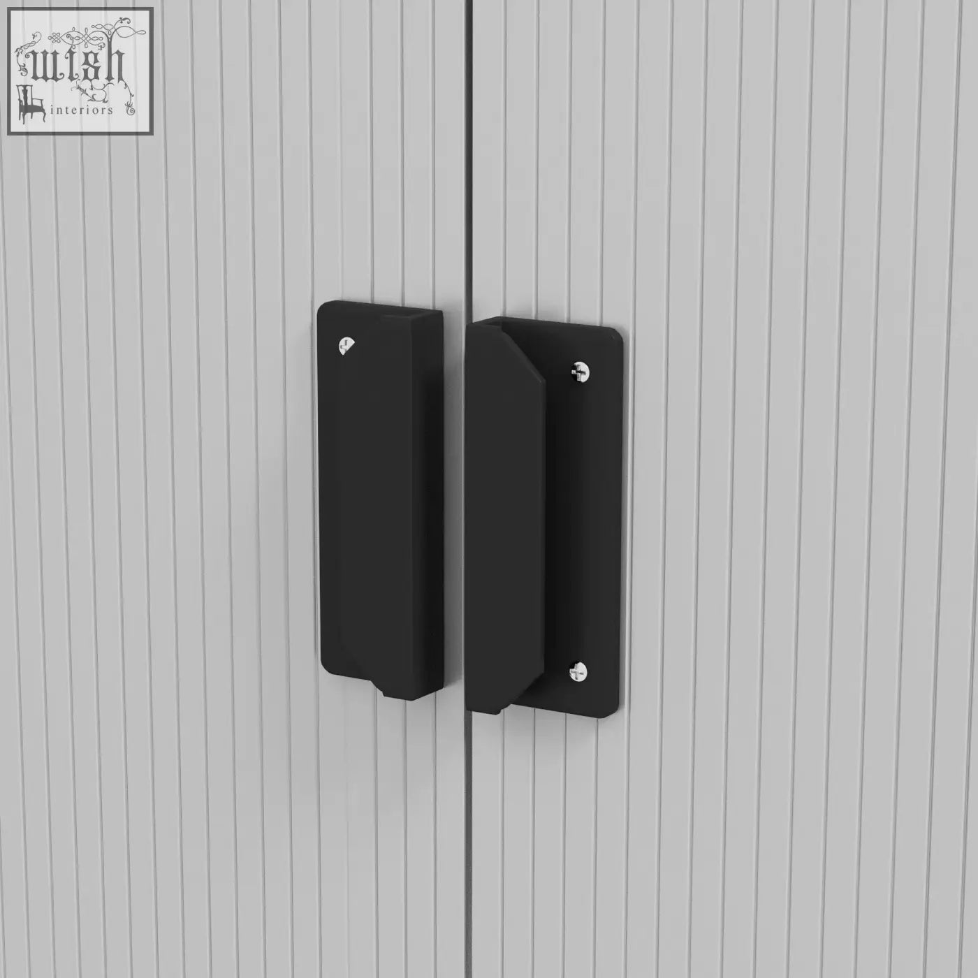 Black matte rectangular cabinet handles on gray ribbed doors of silver galvanised steel Outsunny storage shed with foundation kit