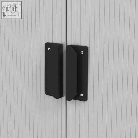 Black matte rectangular cabinet handles on gray ribbed doors of silver galvanised steel Outsunny storage shed with foundation kit