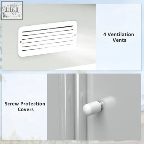 White ventilation cover with four slats and screw protection on galvanised steel outsunny storage shed with foundation kit