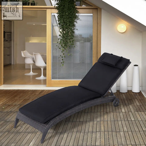 Black cushioned lounge chair with dark gray woven wicker frame and wheels fits outsunny lounger cushion for outdoor use