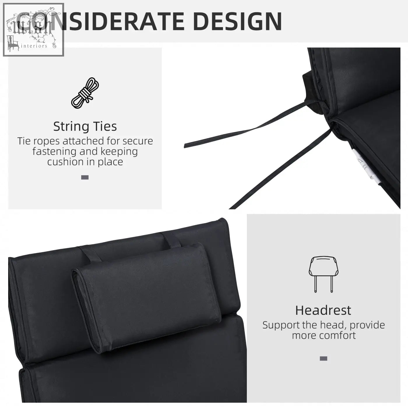 Black fabric headrest with adjustable string ties for secure fastening on outsunny lounger cushion replacement pad