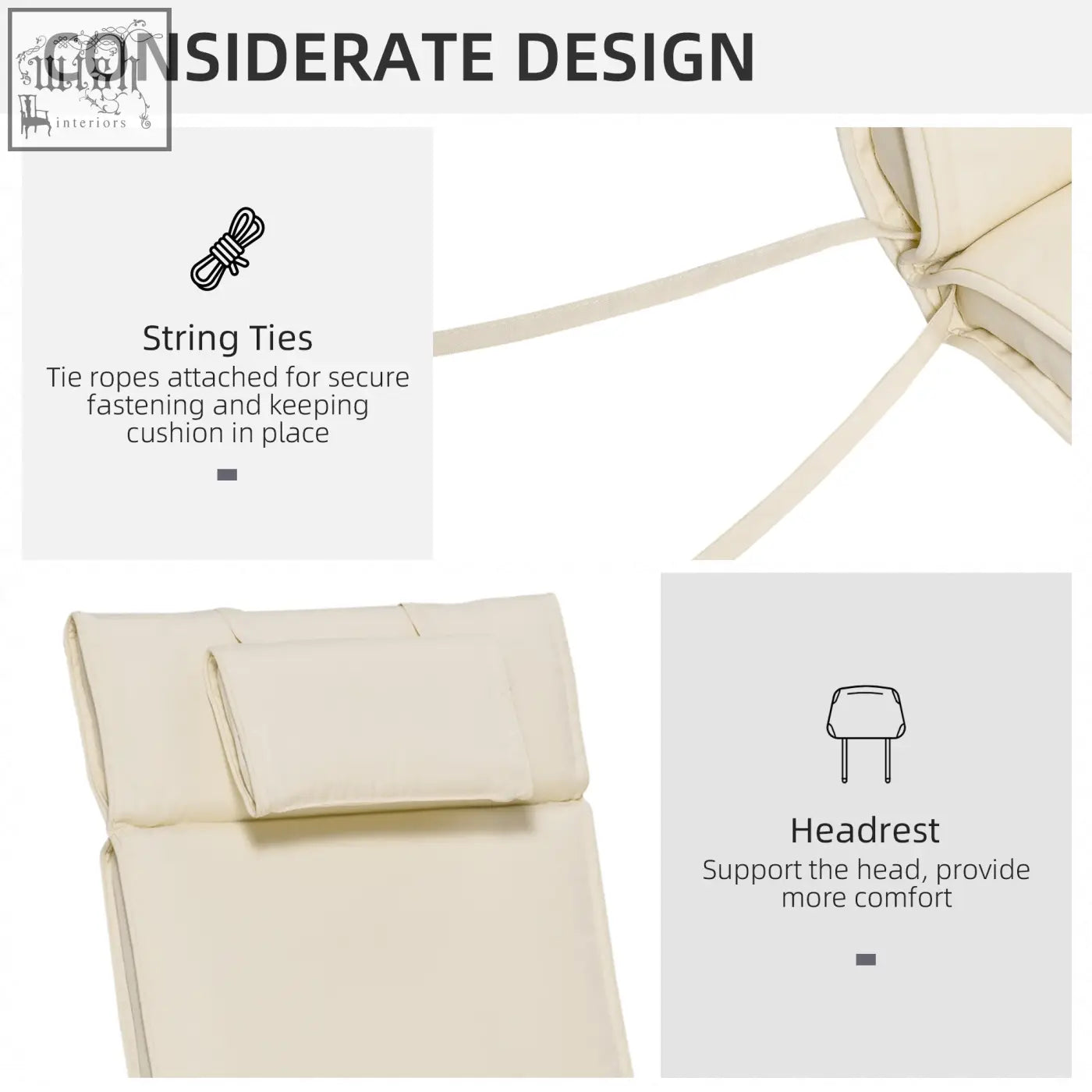 Cream white outsunny garden sun lounger cushion with padded headrest and string ties for secure fastening on lounge chairs