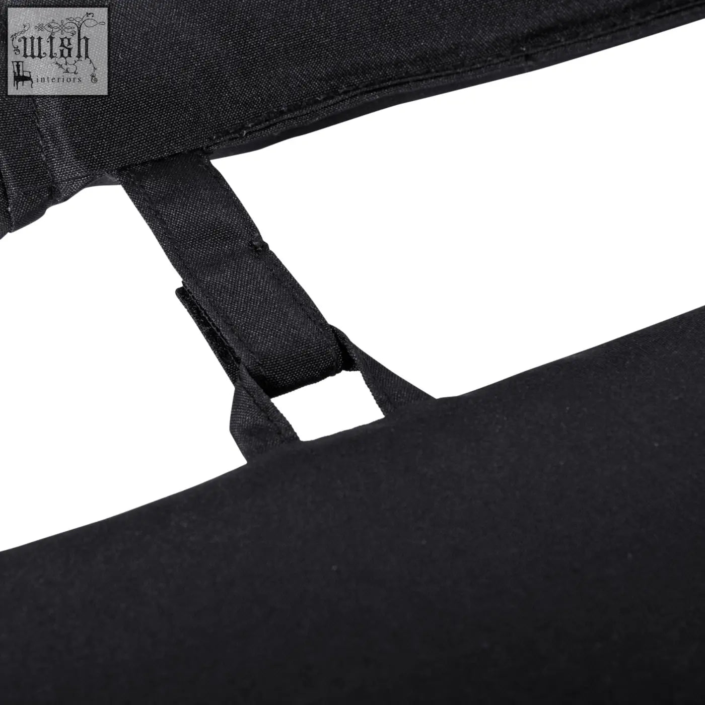 Black fabric strap with reinforced stitching and looped end on the back of outsunny lounger cushion for garden lounge chairs