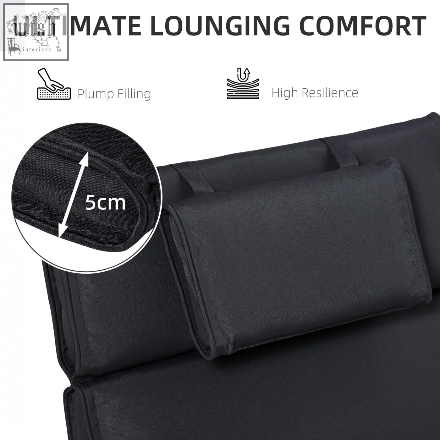 Black cushioned lounge chair with plush filling and high resilience design perfect as a lounger cushion replacement