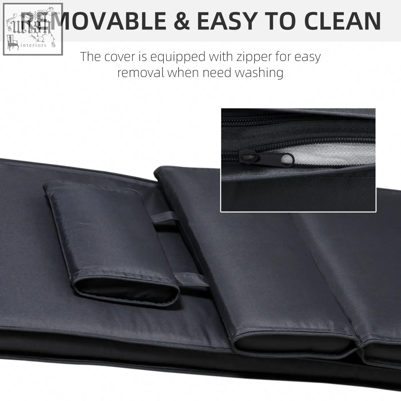 Black fabric cover with zipper for easy removal and cleaning on outsunny lounger cushion for garden lounge chairs