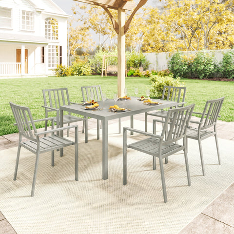 Gray outsunny garden table with galvanised steel frame and six chairs with slatted wooden seats and umbrella hole