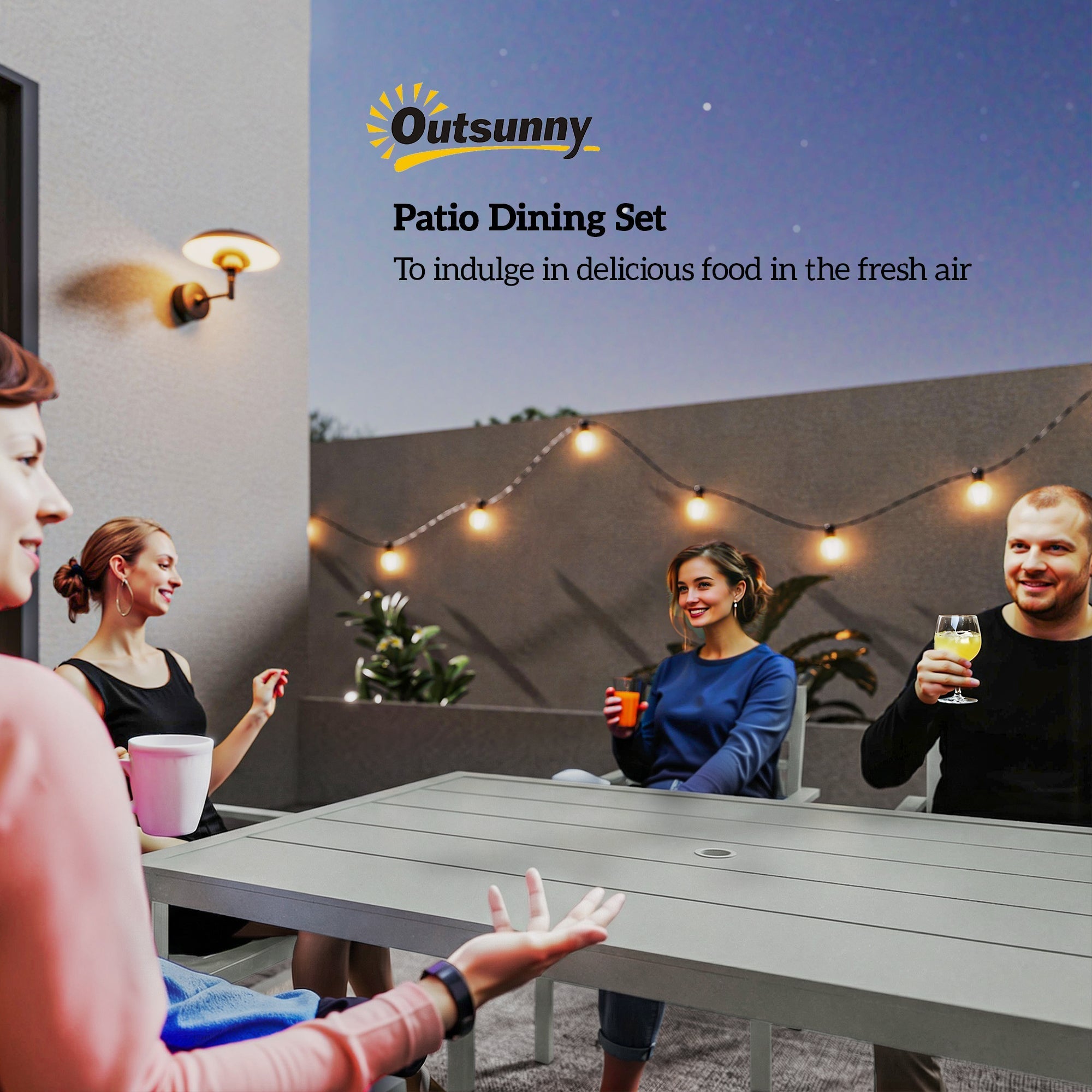 Gray outdoor garden table with six chairs made of galvanised steel featuring a sleek modern slatted design