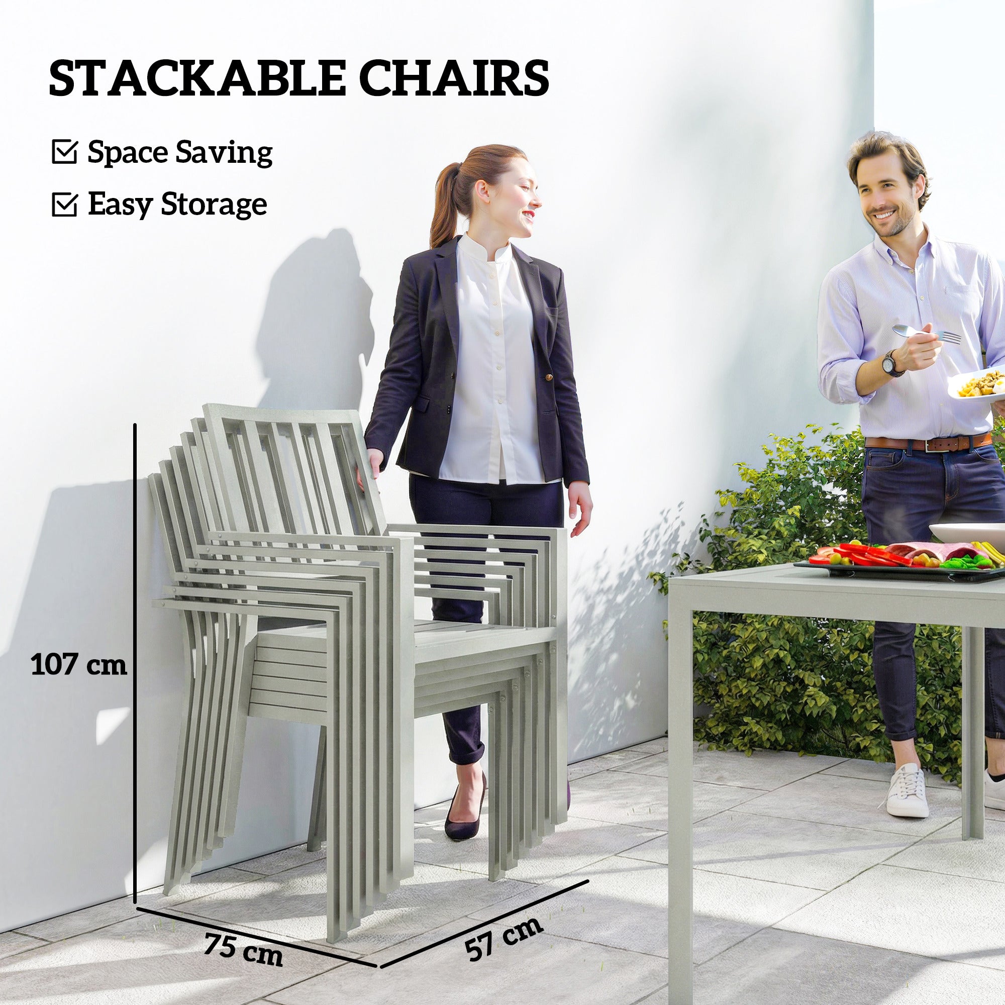 Outsunny garden table and chairs set with six stackable light grey galvanised steel chairs featuring modern slatted design
