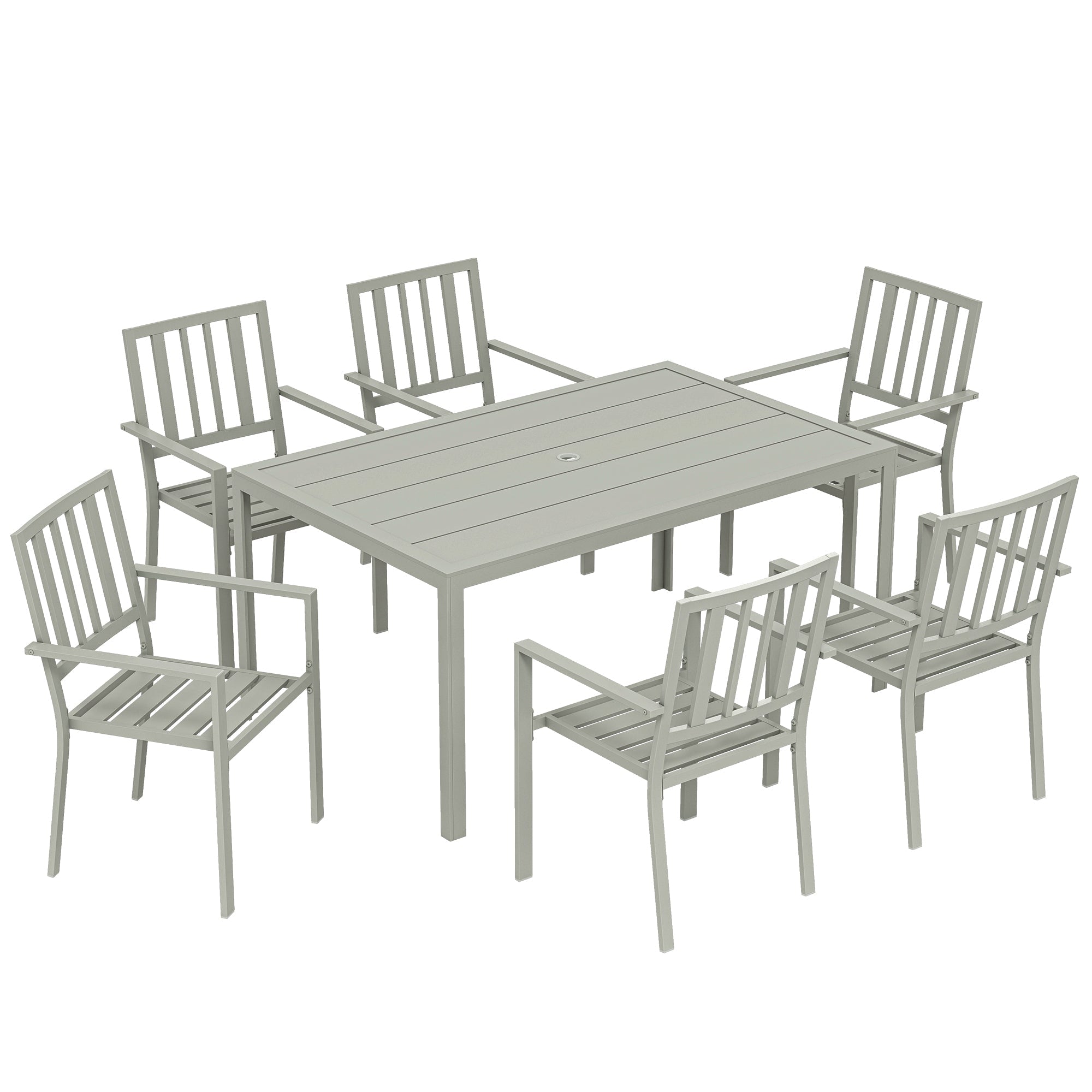 Gray outsunny garden table and chairs set with six stackable galvanised steel chairs and slatted wooden-style tops