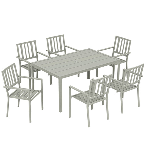 Gray outsunny garden table and chairs set with six stackable galvanised steel chairs and slatted wooden-style tops