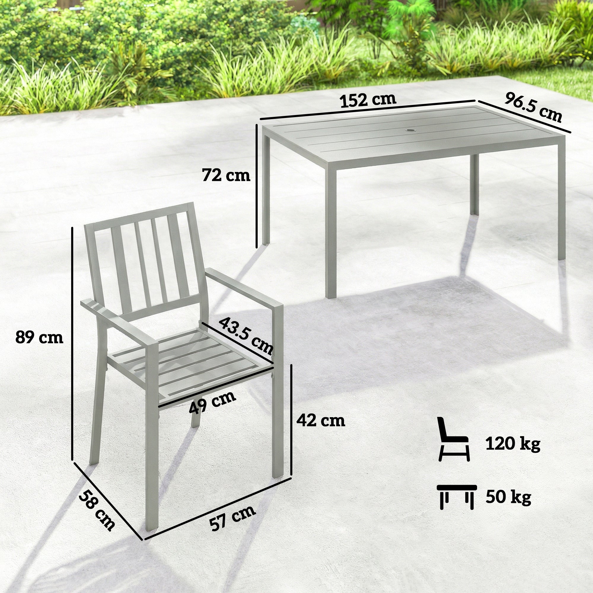 Gray galvanised steel patio chair with vertical slats and armrests from outsunny six chairs garden table set
