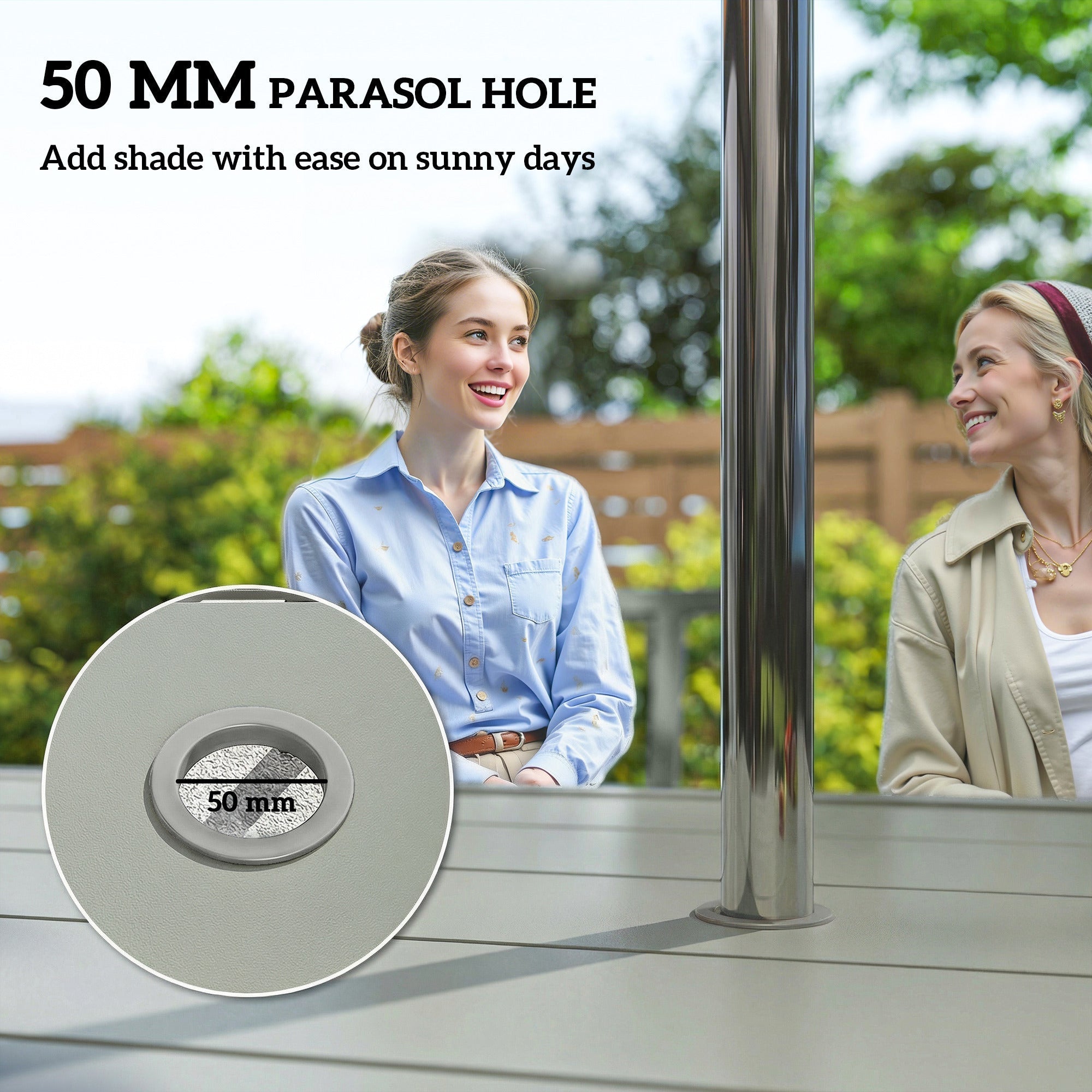 Shiny chrome parasol hole on light grey galvanised steel garden table in outsunny six chairs furniture set