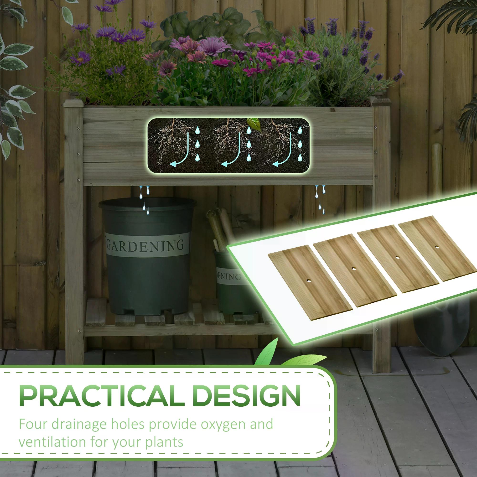 Outsunny garden wooden planter in light fir wood finish with integrated drainage holes and storage shelf for plants
