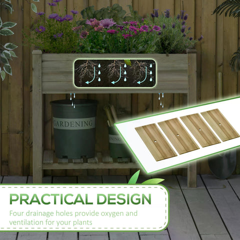Outsunny garden wooden planter in light fir wood finish with integrated drainage holes and storage shelf for plants