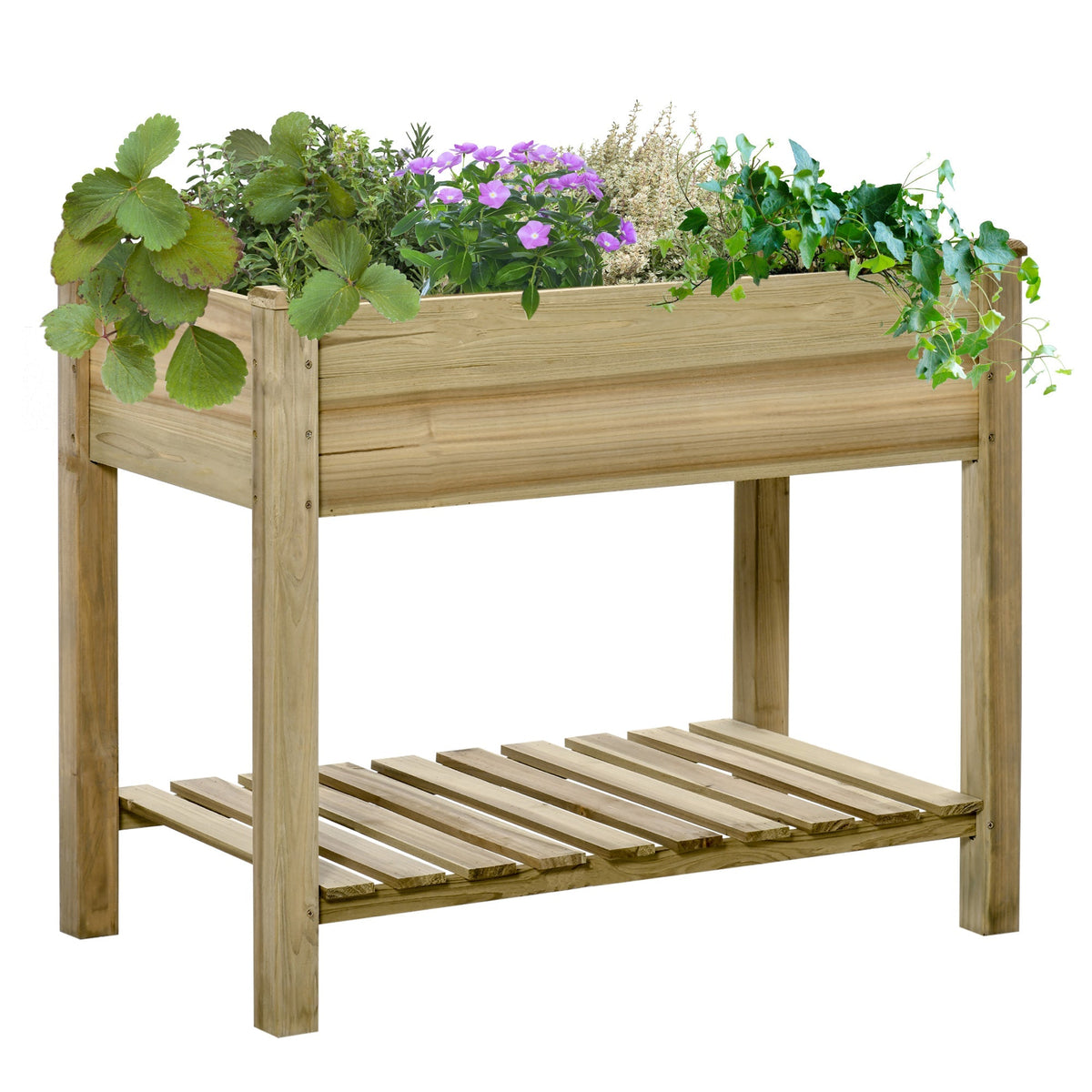 Outsunny light brown fir wood raised garden bed with legs and lower storage shelf filled with green plants and purple flowers
