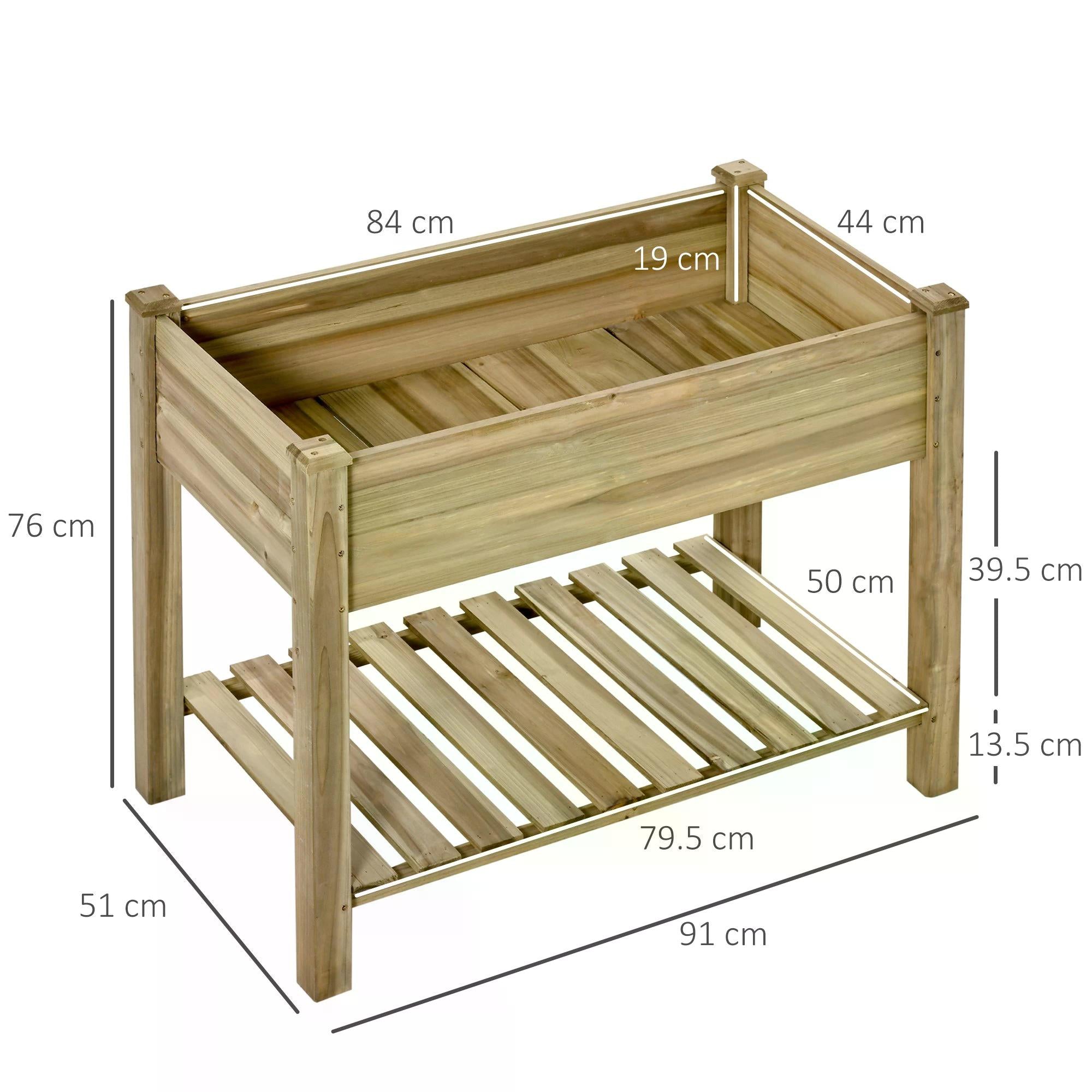 Light brown fir wood outsunny garden wooden planter with legs and a storage shelf for raised gardening