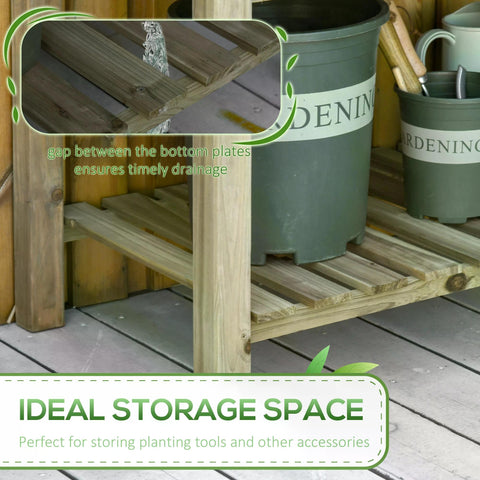 Rustic fir wood garden planter box with legs and a sturdy slatted storage shelf for easy outdoor gardening organization